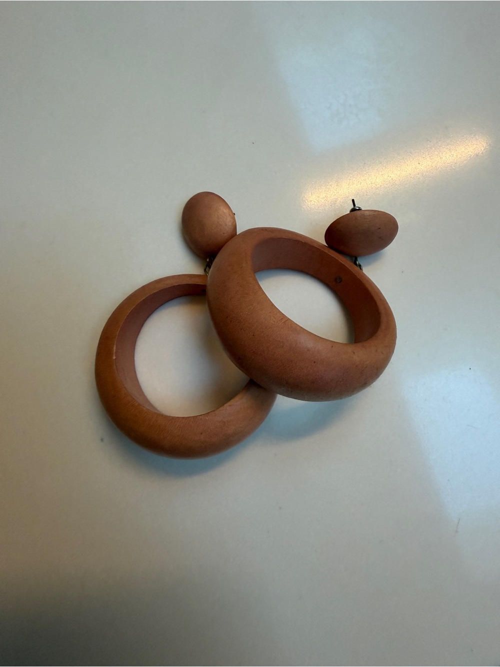 Hand carved  Wooden Hoop Drop Earrings - Brown